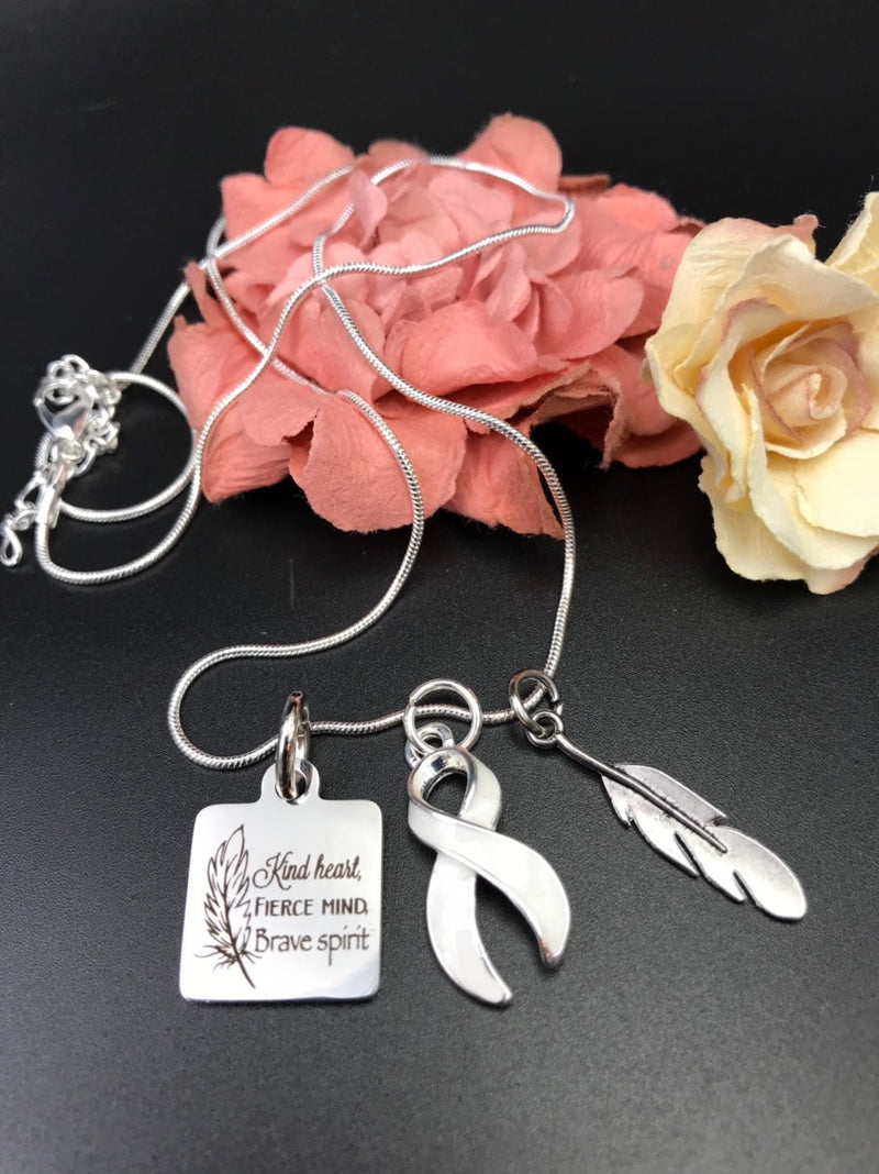White Ribbon Charm Necklace - Kind Heart, Fierce Mind, Brave Spirit - Rock Your Cause Jewelry