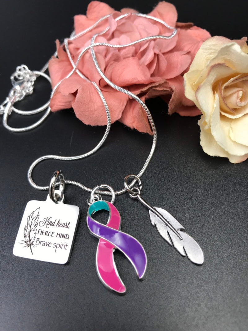 Pink Purple Teal (Thyroid Cancer) Ribbon - Kind Heart, Fierce Mind, Brave Spirit Necklace - Rock Your Cause Jewelry