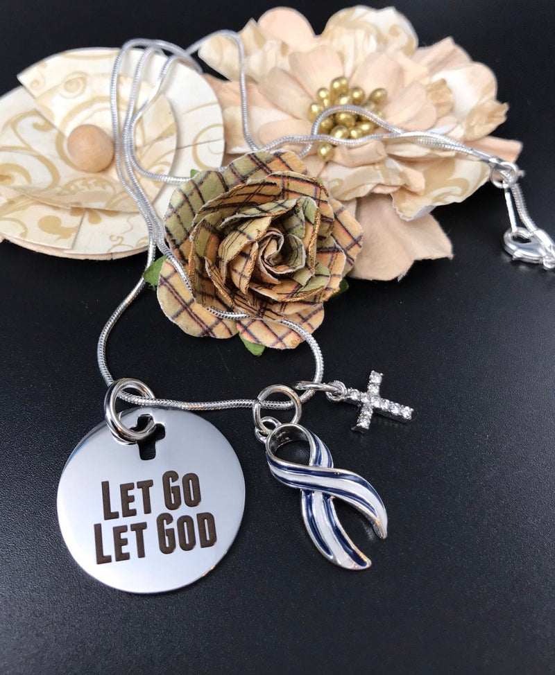 ALS / Blue & White Striped Ribbon Awareness Necklace - Let Go, Let God Encouragement Gift - Rock Your Cause Jewelry