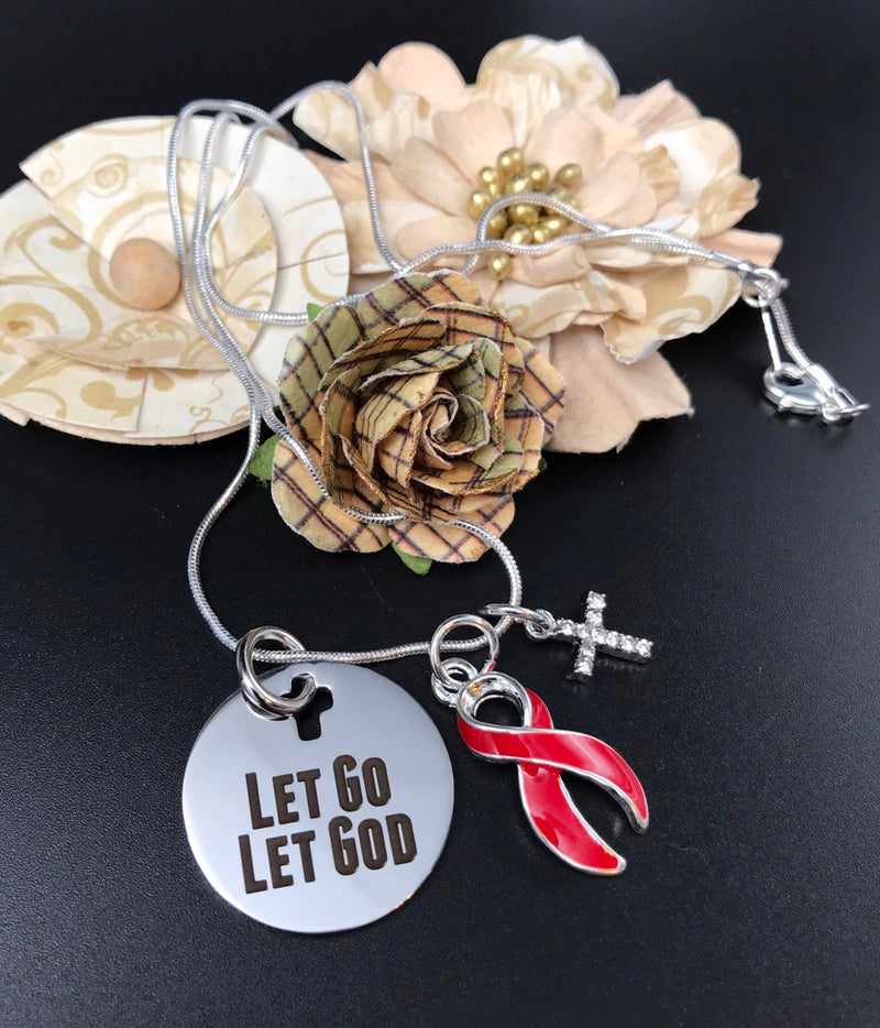 Red Ribbon Charm Necklace - Let Go, Let God - Rock Your Cause Jewelry