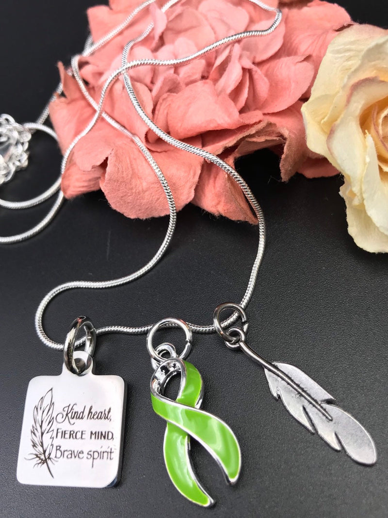 Lime Green Ribbon - Kind Heart, Fierce Mind, Brave Spirit Feather Necklace - Rock Your Cause Jewelry