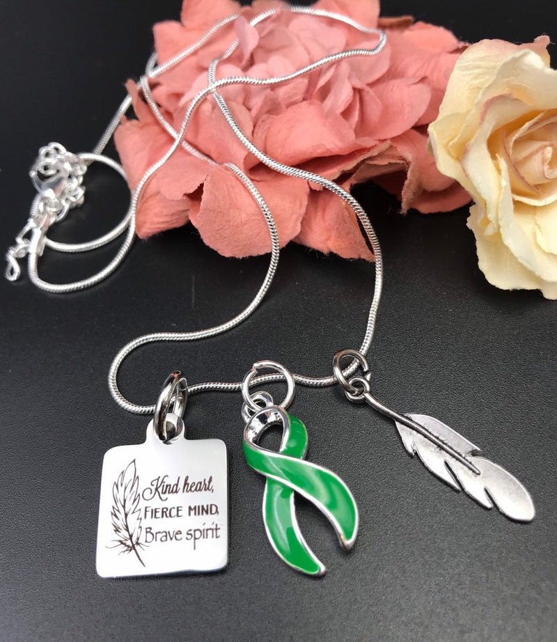 Green Ribbon Necklace - Kind Heart, Fierce Mind, Brave Spirit / Feather Necklace - Rock Your Cause Jewelry