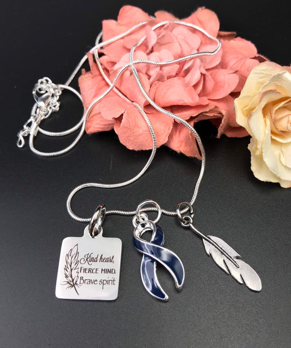Dark Navy Blue Ribbon Necklace - Kind Heart, Fierce Mind, Brave Spirit - Rock Your Cause Jewelry