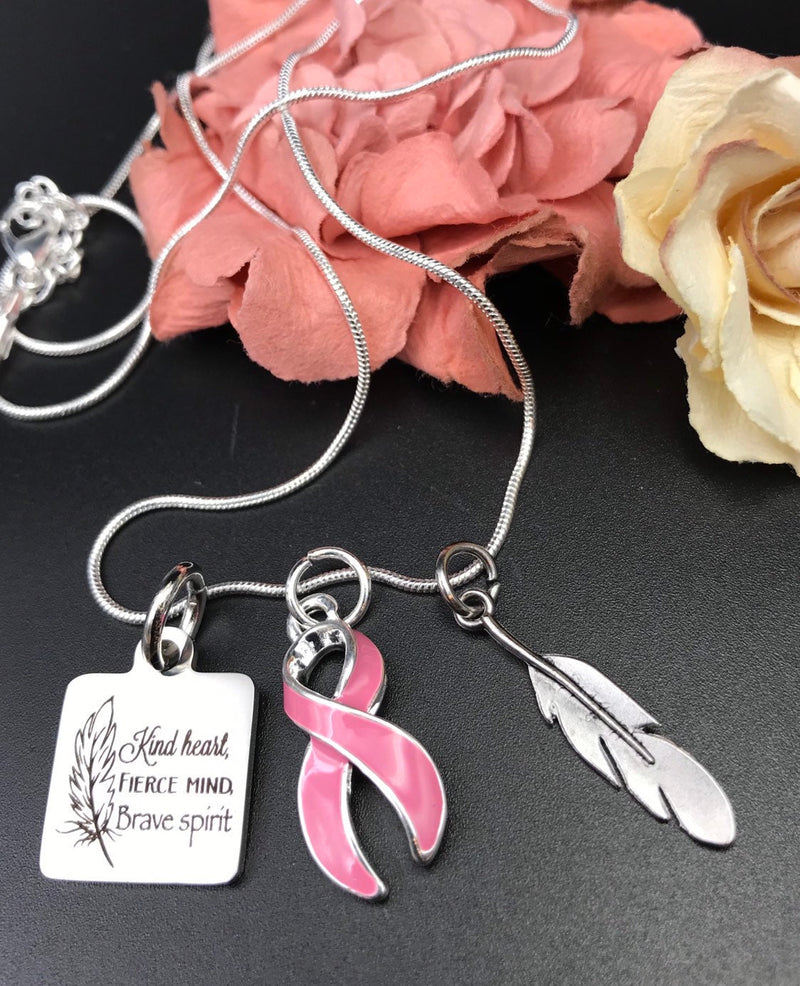 Pink Ribbon Necklace  - Kind Heart, Fierce Mind, Brave Spirit - Rock Your Cause Jewelry