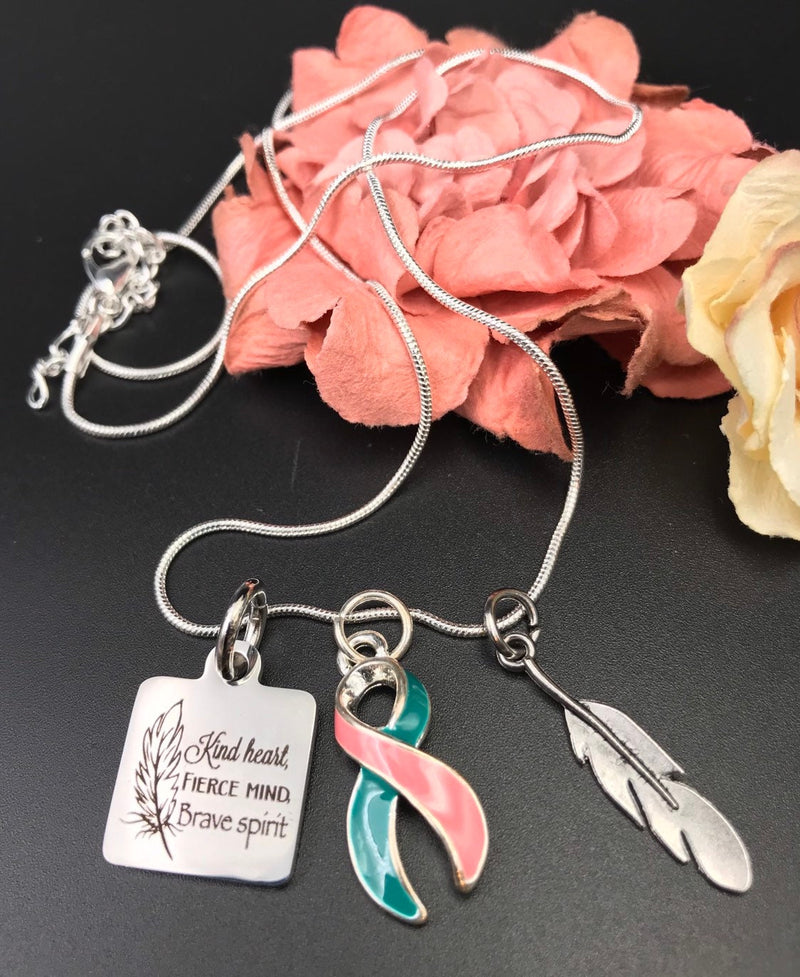 Pink & Teal (Previvor) Ribbon Necklace - Kind Heart, Fierce Mind, Brave Spirit - Rock Your Cause Jewelry