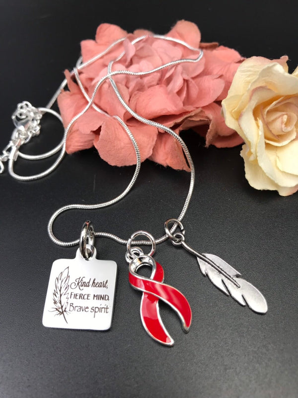 Red Ribbon Necklace - Kind Hear, Fierce Mind, Brave Spirit / Feather - Rock Your Cause Jewelry