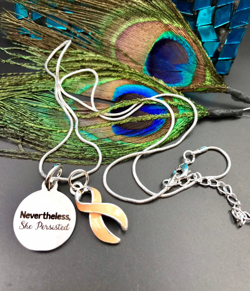 Peach Ribbon Necklace - Nevertheless She Persisted Necklace - Rock Your Cause Jewelry