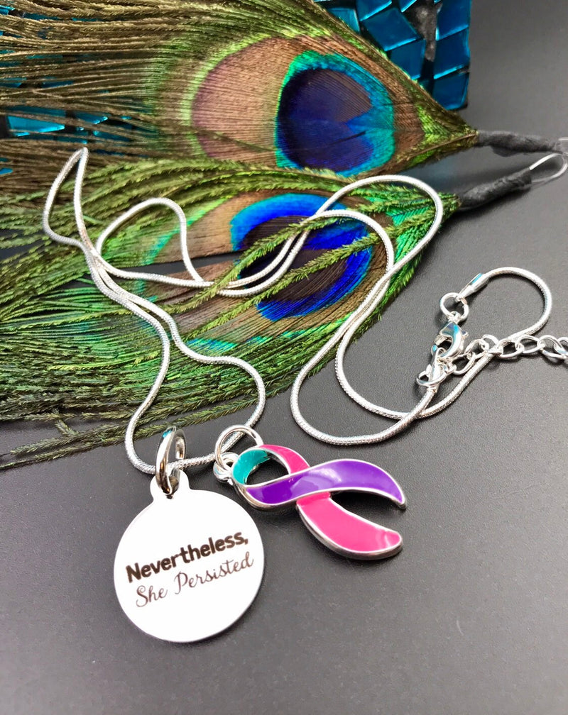 Pink Purple Teal Ribbon - Nevertheless, She Persisted / Thyroid Cancer Survivor Necklace - Rock Your Cause Jewelry