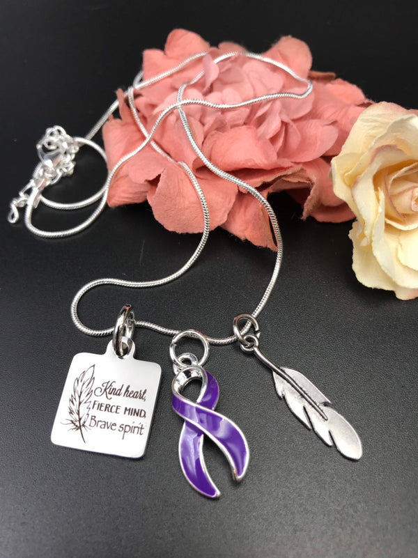 Purple Ribbon Necklace - Kind Heart, Fierce Mind, Brave Spirit - Rock Your Cause Jewelry