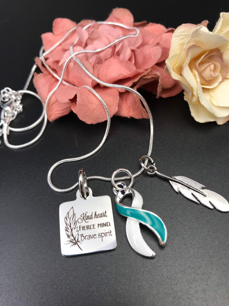 Teal & White Ribbon Necklace - Kind Heart, Fierce Mind, Brave Spirit / Feather Necklace - Rock Your Cause Jewelry