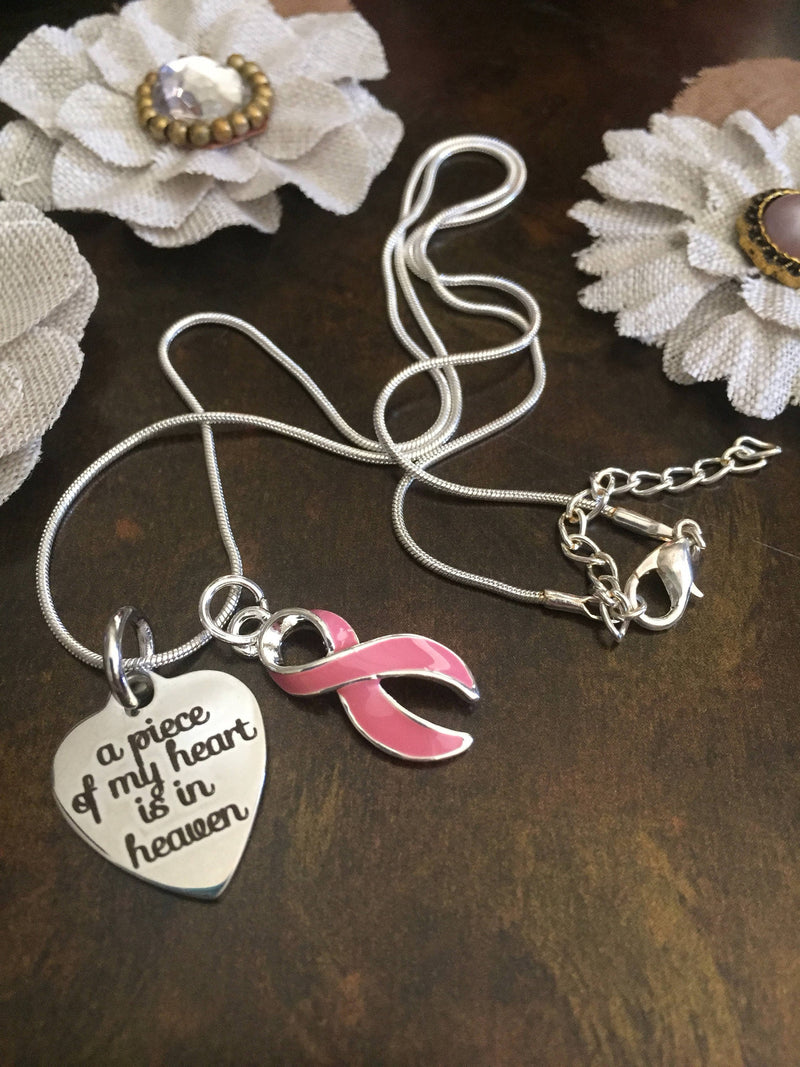 Pink Ribbon Necklace - A Piece of My Heart Is In Heaven / Memorial, Sympathy Gift - Rock Your Cause Jewelry