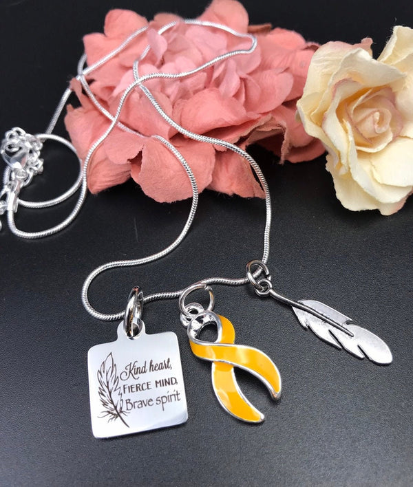 Gold Ribbon Necklace - Kind Heart, Fierce Mind, Brave Spirit / Feather Necklace - Rock Your Cause Jewelry