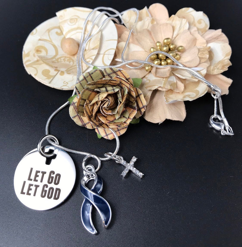 Dark Navy Blue Ribbon Necklace –  Let Go, Let God - Rock Your Cause Jewelry