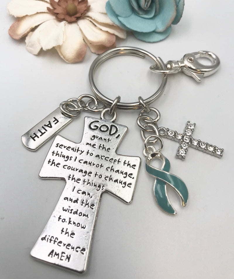 Light Blue Ribbon Serenity Prayer Keychain - God Grant Me / Encouragement Gift - Rock Your Cause Jewelry
