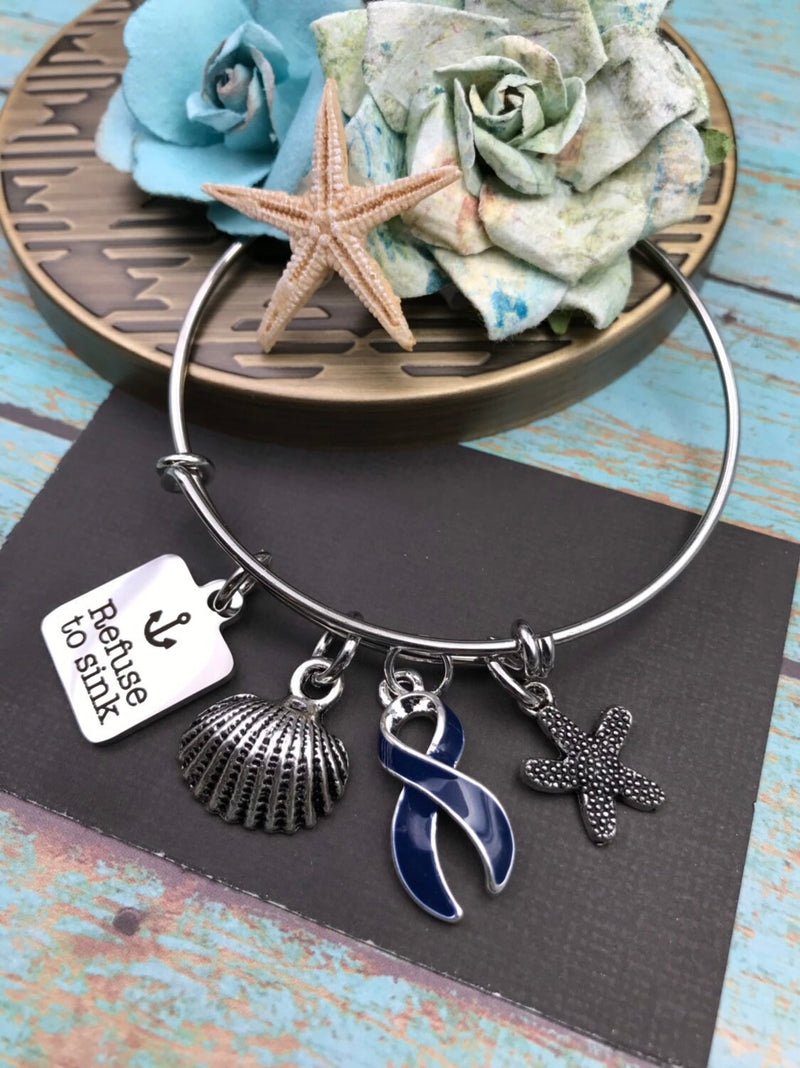 Dark Navy Blue Ribbon Charm Bracelet or Necklace - Refuse to Sink - Rock Your Cause Jewelry