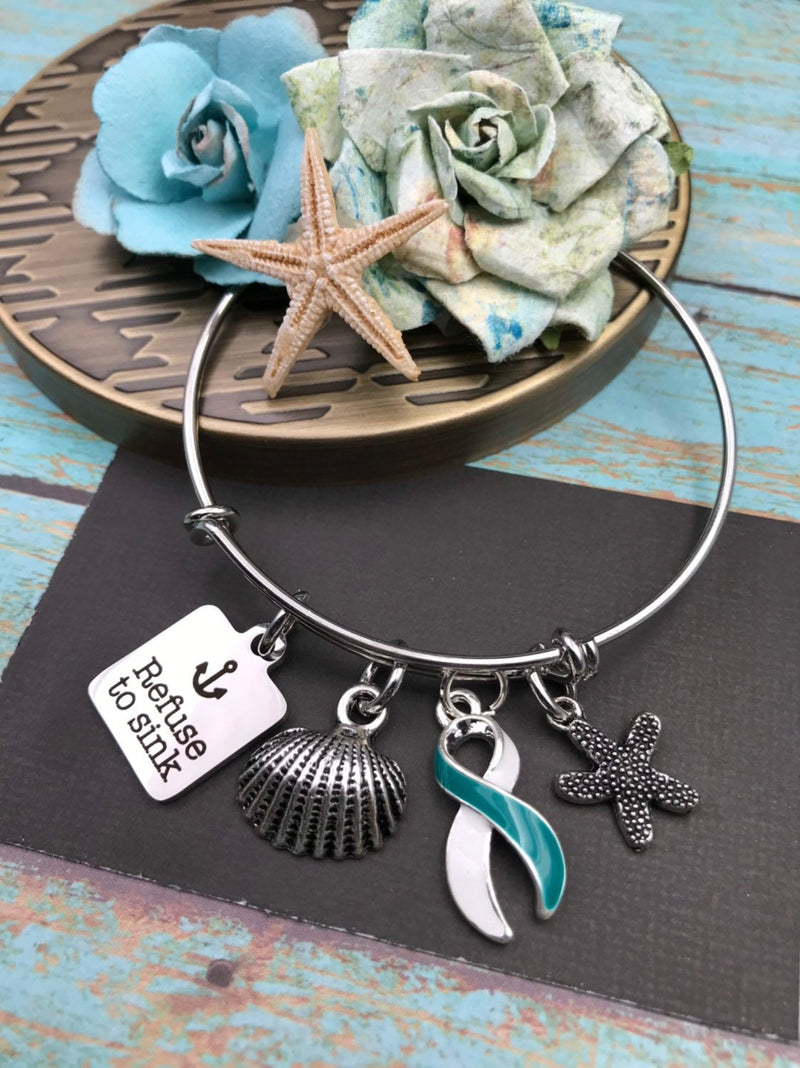 Teal & White Ribbon Jewelry - Refuse to Sink Encouragement Necklace or Bracelet - Rock Your Cause Jewelry
