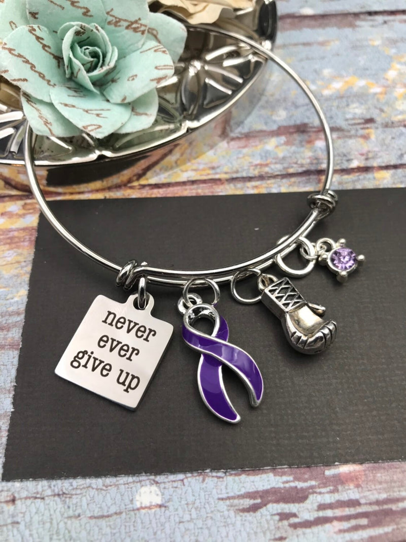 Purple Ribbon Charm Bracelet - Never Ever Give Up Charm - Rock Your Cause Jewelry