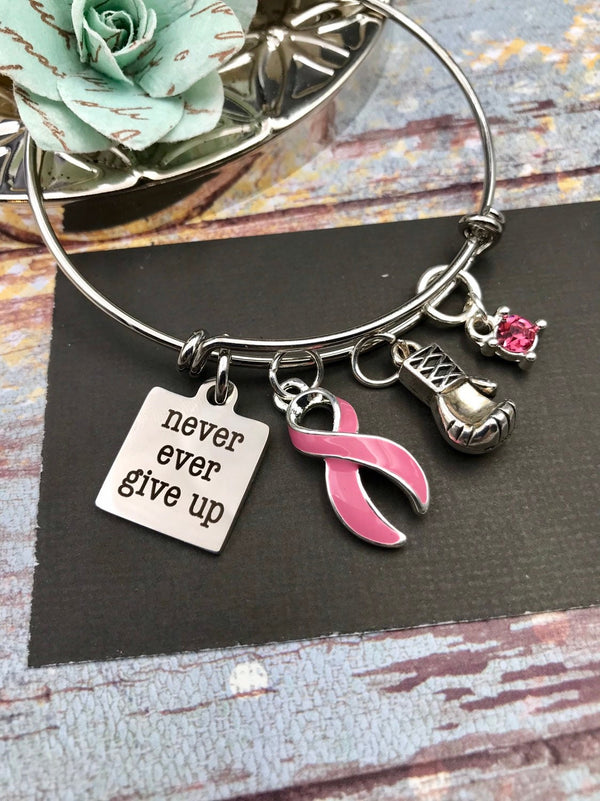 Pink Ribbon Never Ever Give Up Charm Bracelet - Rock Your Cause Jewelry