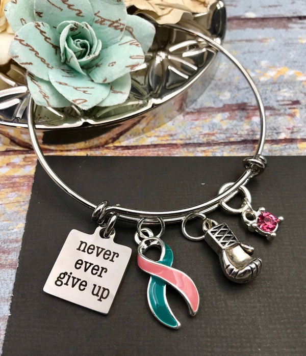 Pink & Teal (Previvor) Ribbon Charm Bracelet - Never Ever Give Up - Rock Your Cause Jewelry