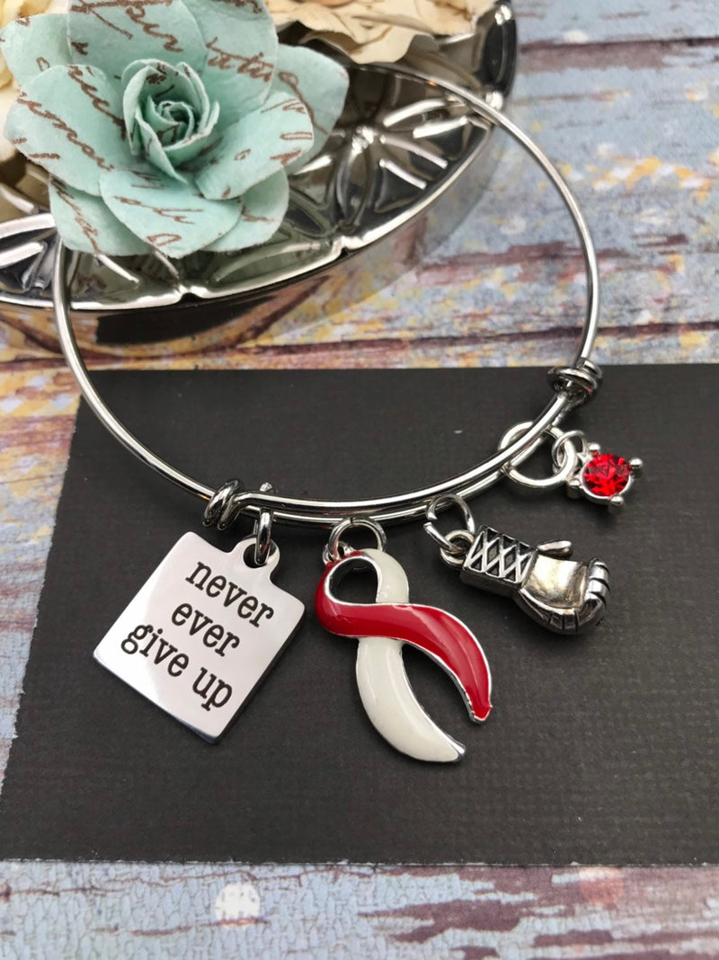 Red & White Ribbon - Never Ever Give Up Charm Bracelet - Rock Your Cause Jewelry