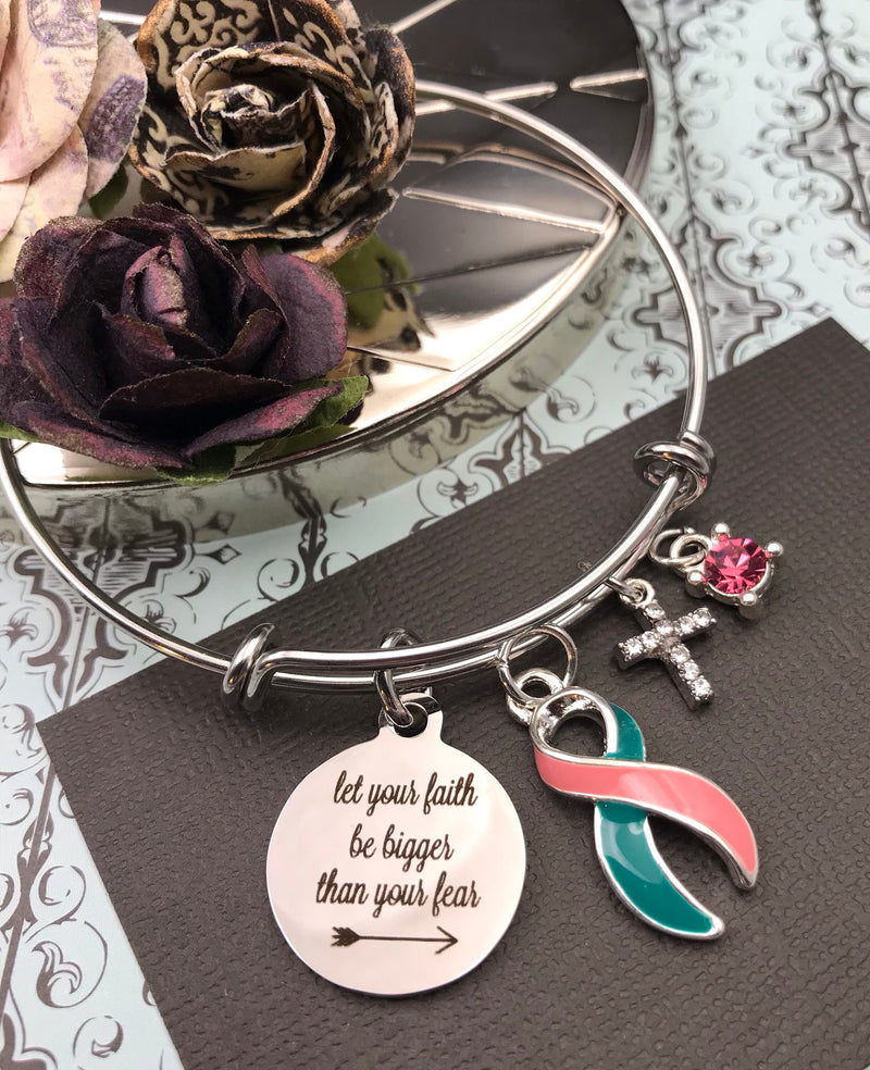 Pink and Teal (Previvor) Charm Bracelet - Let Your Faith be Bigger than Your Fear - Rock Your Cause Jewelry