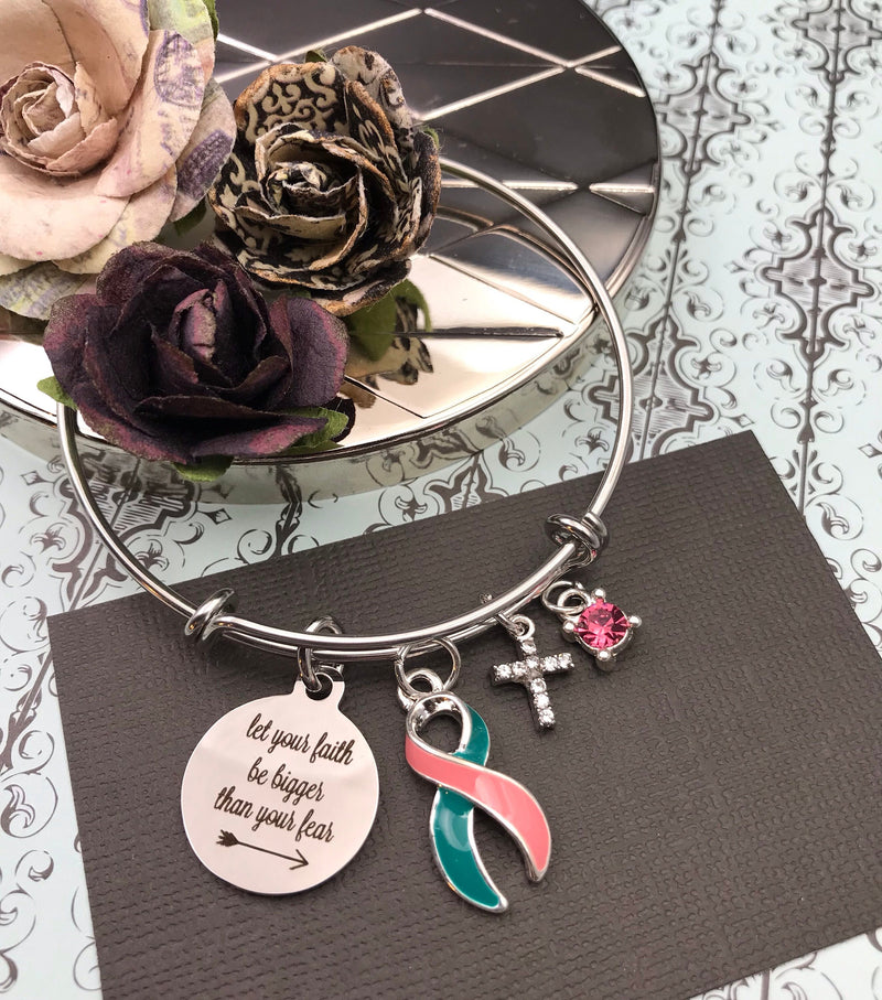 Pink and Teal (Previvor) Charm Bracelet - Let Your Faith be Bigger than Your Fear - Rock Your Cause Jewelry