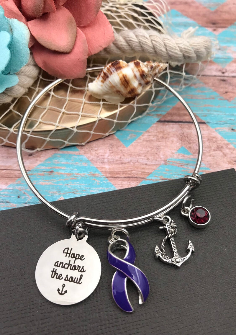 Violet Purple Ribbon Charm Bracelet - Hope Anchors The Soul - Rock Your Cause Jewelry