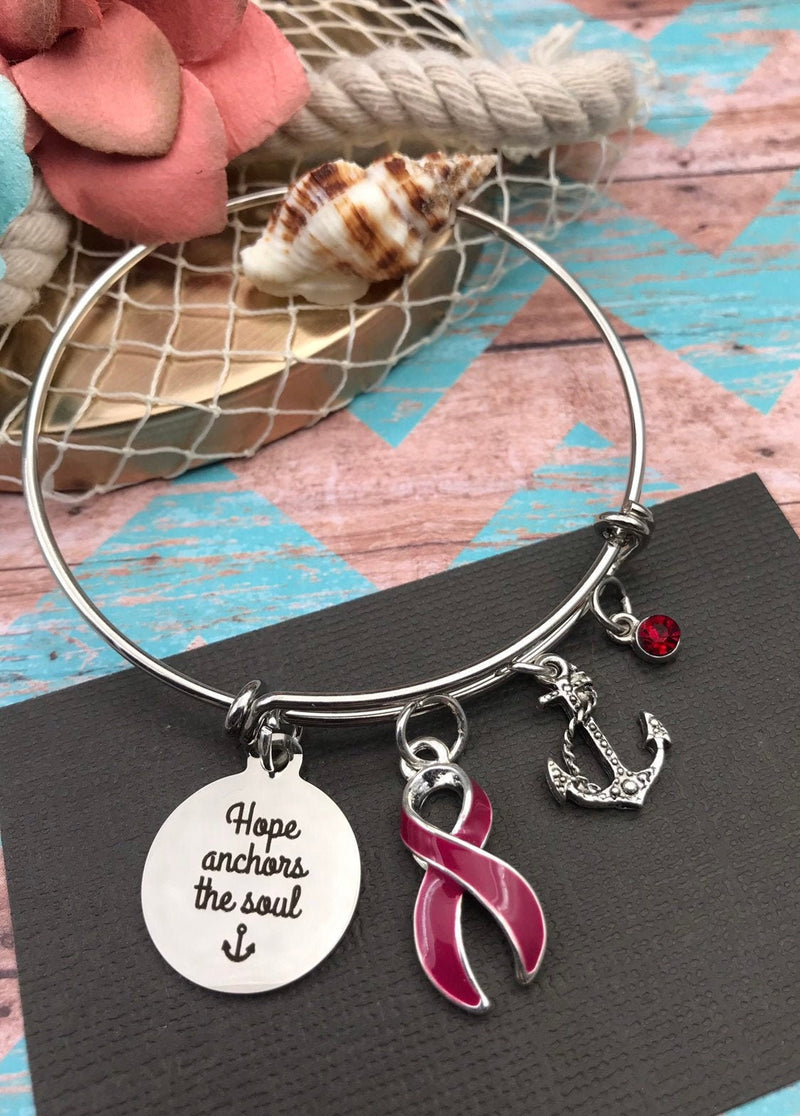 Burgundy Ribbon Charm Bracelet - Hope Anchors the Soul - Rock Your Cause Jewelry