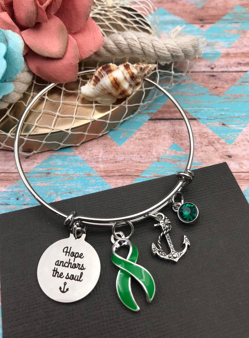 Green Ribbon Charm Bracelet - Hope Anchors the Soul - Rock Your Cause Jewelry