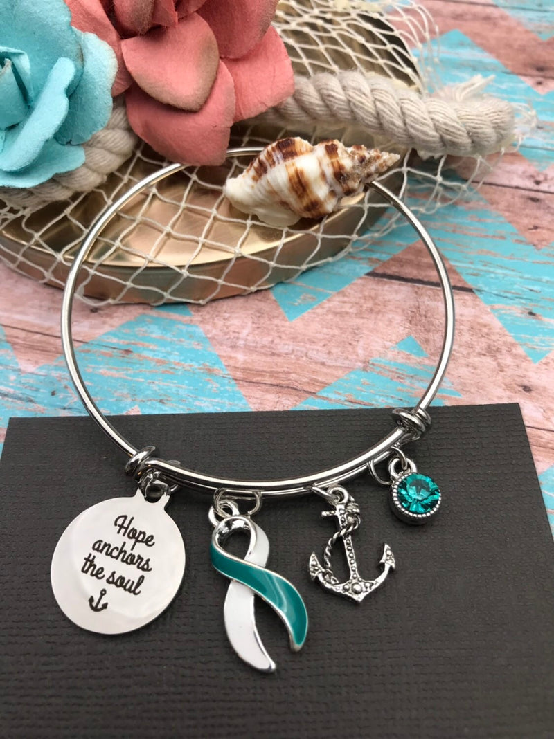 Teal & White Ribbon Charm Bracelet - Hope Anchors the Soul - Rock Your Cause Jewelry