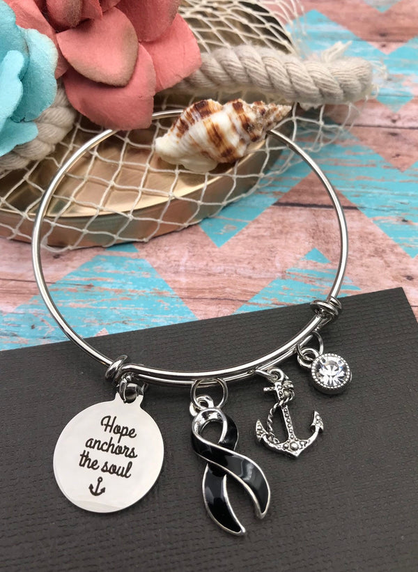 Black Ribbon Charm Bracelet - Hope Anchors the Soul - Rock Your Cause Jewelry
