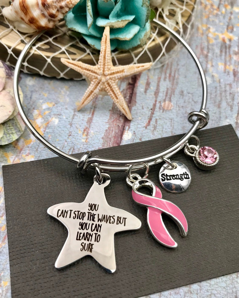 Pink Ribbon Charm Bracelet - You Can't Stop the Waves, But You Can Learn to Surf - Rock Your Cause Jewelry
