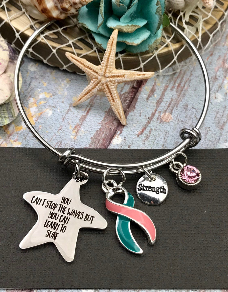 Pink & Teal (Previvor) Ribbon Bracelet - You Can't Stop The Waves, But You Can Learn To Surf - Rock Your Cause Jewelry