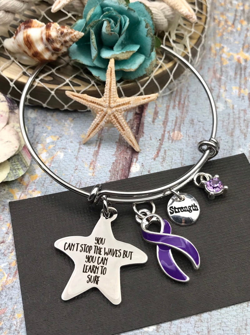 Purple Ribbon Charm Bracelet - You Can't Stop The Waves, But You Can Learn To Surf - Rock Your Cause Jewelry