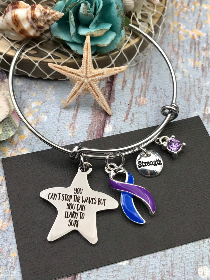 Blue & Purple Ribbon - You Can't Stop Waves But You Can Learn To Surf / Starfish Bracelet - Rock Your Cause Jewelry