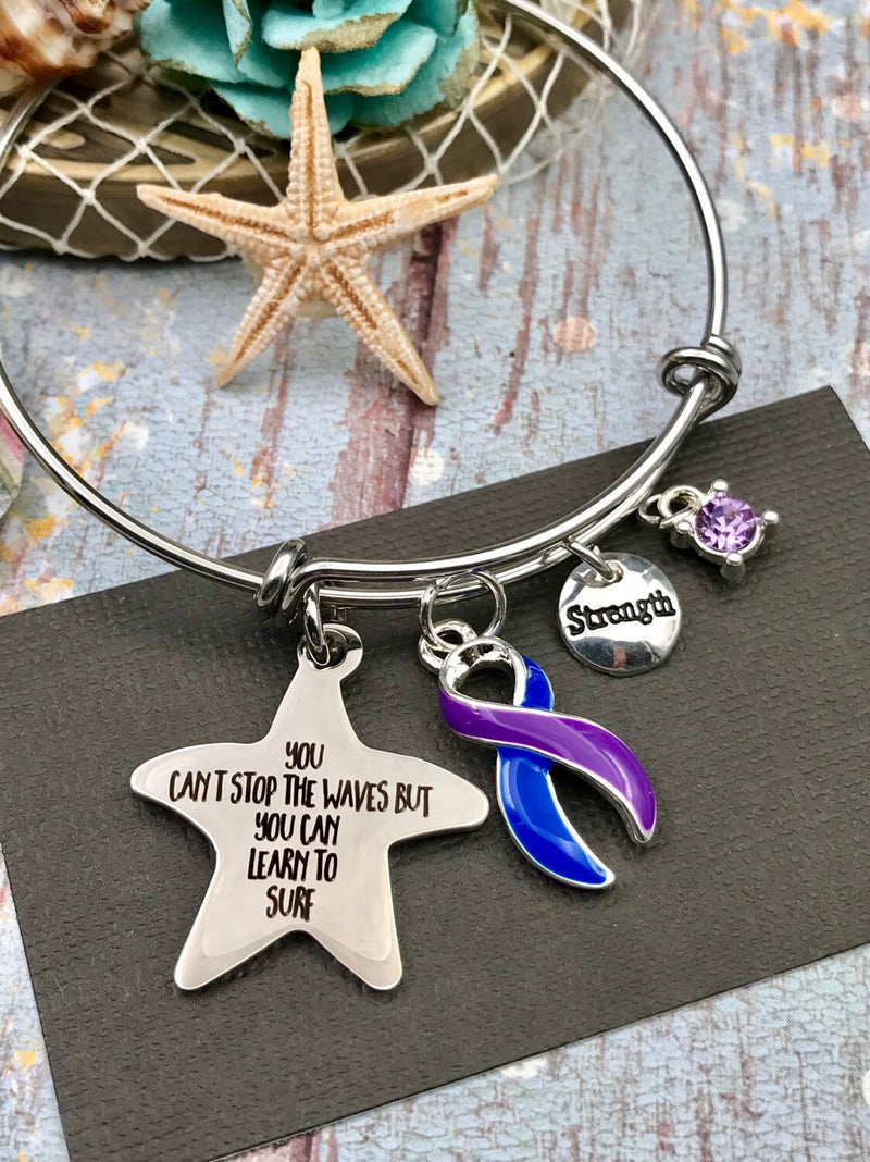 Blue & Purple Ribbon - You Can't Stop Waves But You Can Learn To Surf / Starfish Bracelet - Rock Your Cause Jewelry