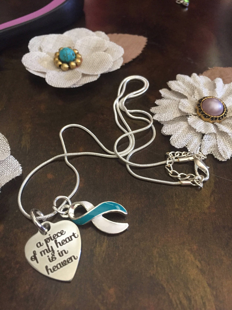 Teal & White Ribbon Necklace - A Piece of My Heart is In Heaven / Memorial, Sympathy Gift - Rock Your Cause Jewelry