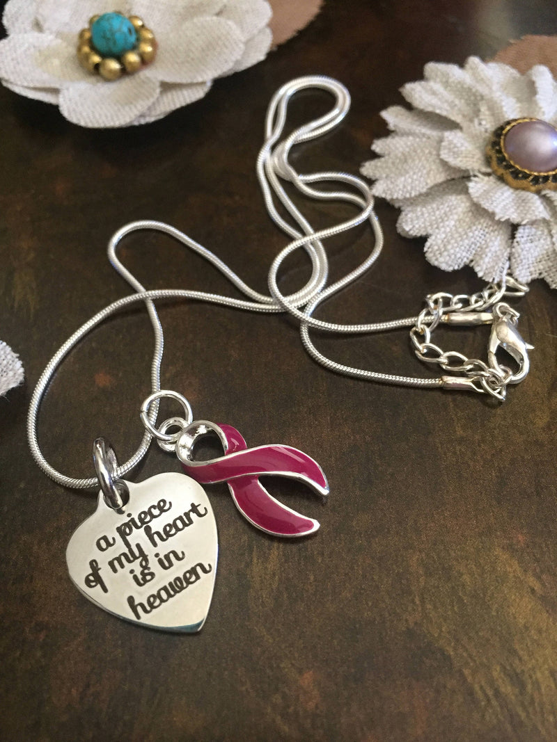 Burgundy Ribbon Sympathy / Memorial Necklace - A Piece of My Heart is in Heaven - Rock Your Cause Jewelry