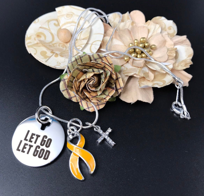 Gold Ribbon Necklace - Let Go, Let God - Childhood Cancer Awareness Gift - Rock Your Cause Jewelry