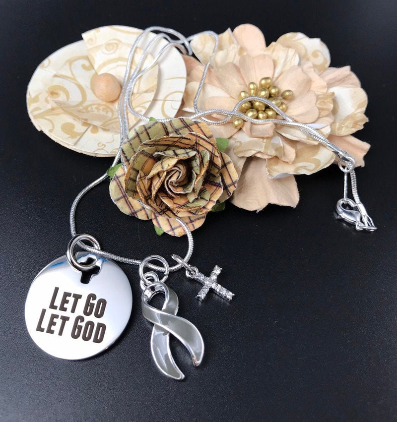 Gray (Grey) Ribbon Necklace - Let Go Let God - Rock Your Cause Jewelry
