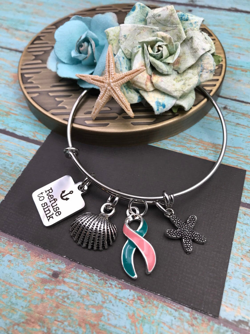 Pink & Teal (Previvor) Ribbon Charm Bracelet or Necklace - Refuse to Sink - Rock Your Cause Jewelry