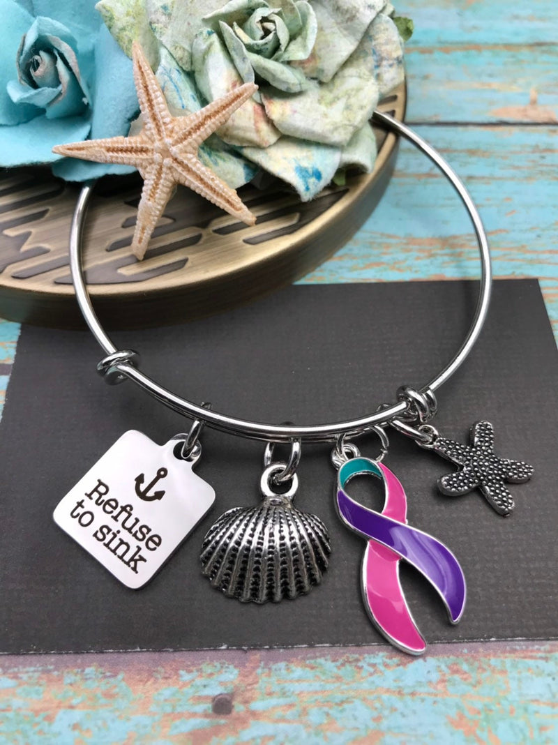 Pink Purple Teal (Thyroid Cancer) Ribbon - Refuse to Sink Bracelet or Necklace - Rock Your Cause Jewelry