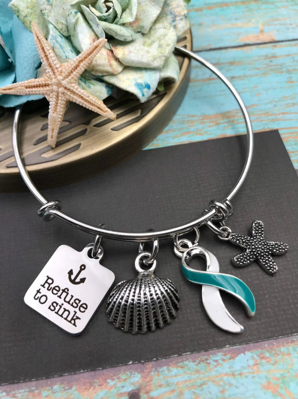 Teal & White Ribbon Jewelry - Refuse to Sink Encouragement Necklace or Bracelet - Rock Your Cause Jewelry