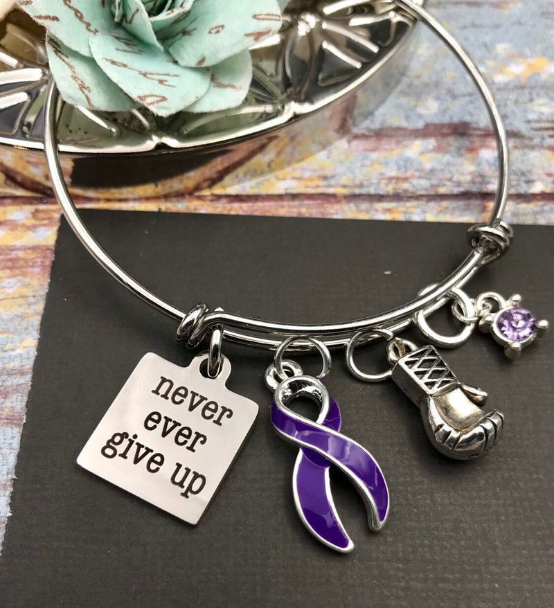 Purple Ribbon Charm Bracelet - Never Ever Give Up Charm - Rock Your Cause Jewelry