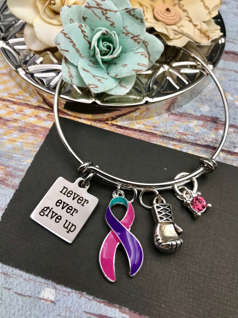 Pink Purple Teal (Thyroid) Ribbon Charm - Never Ever Give Up Bracelet - Rock Your Cause Jewelry