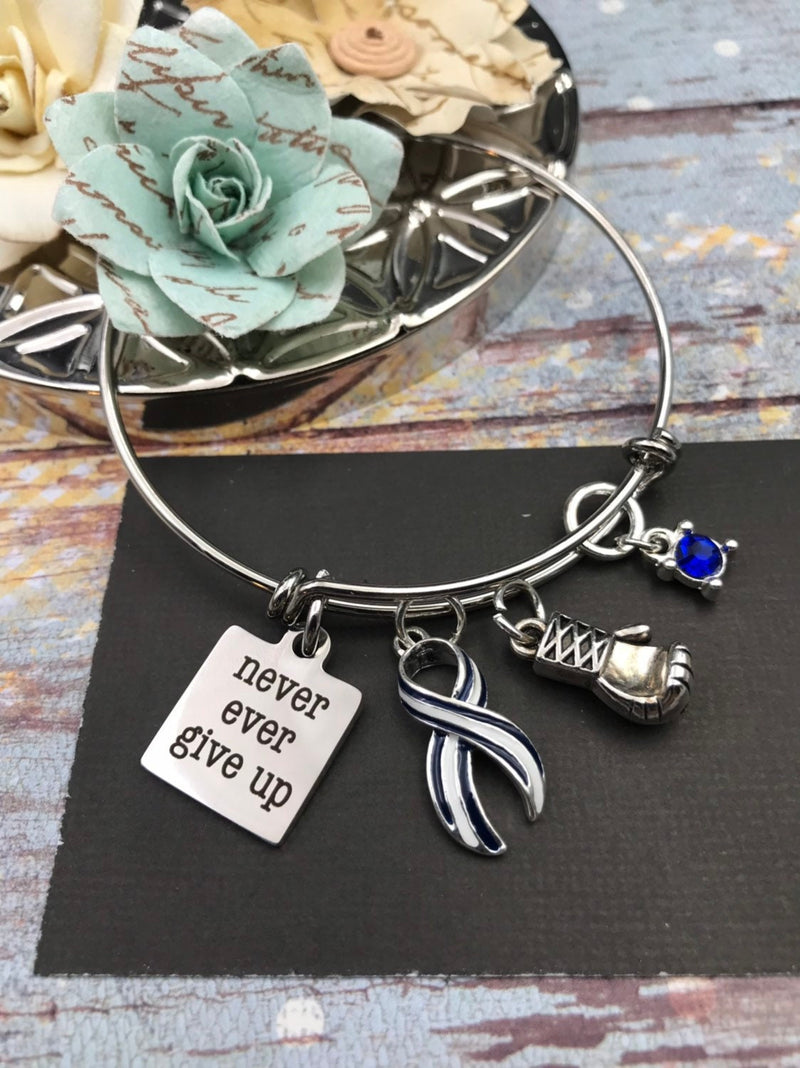 ALS / Blue & White Striped Ribbon Bracelet - Never Ever Give Up - Rock Your Cause Jewelry