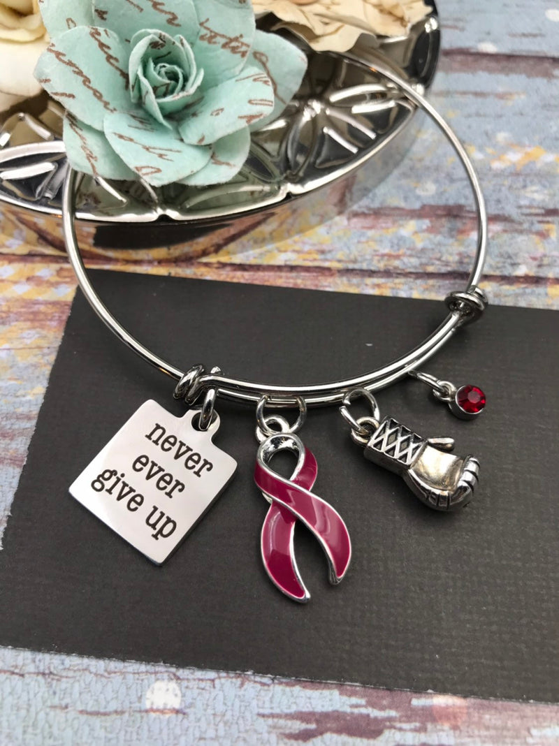 Never Ever Give Up Charm Bracelet / Cancer Survivor Awareness Gift, Chronic Illness, Spoonie / Surgery Gift - Pick ANY RIBBON Color