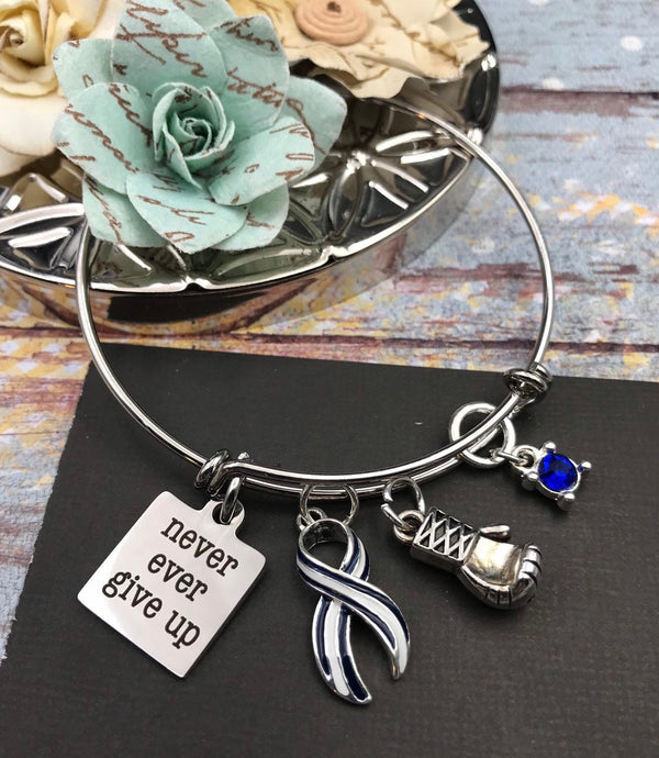 ALS / Blue & White Striped Ribbon Bracelet - Never Ever Give Up - Rock Your Cause Jewelry