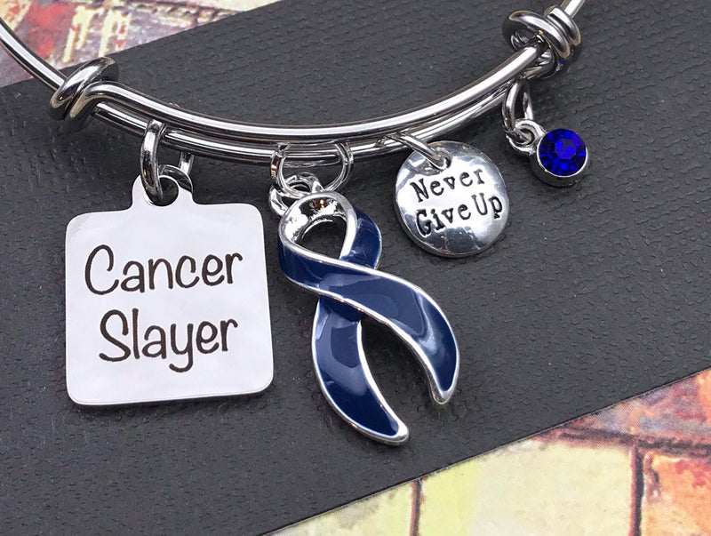 Dark Navy Blue Ribbon Cancer Slayer Bracelet - Colon Cancer Survivor - Rock Your Cause Jewelry