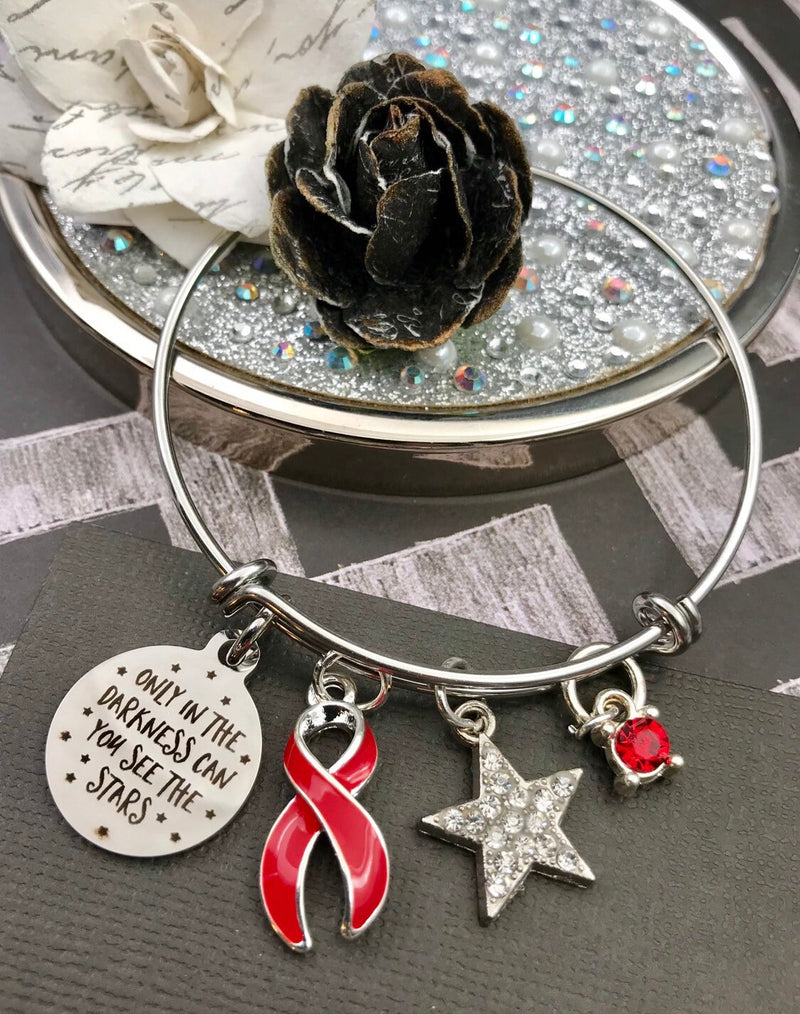 Red Ribbon Charm Bracelet - Only in Darkness Can We See The Stars - Rock Your Cause Jewelry